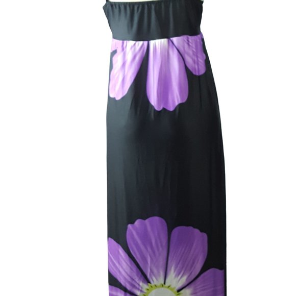 Maxi Dress Black Large Purple Flower Print Stretchy Boho - Picture 4 of 8